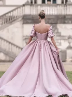 Robe de soirée princesse silhouette col carré tissu satiné longueur au sol boutons robes de soirée sociales