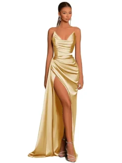 Robe de soirée robe cocktail mariage en satin bustier sans manche jupe fendue