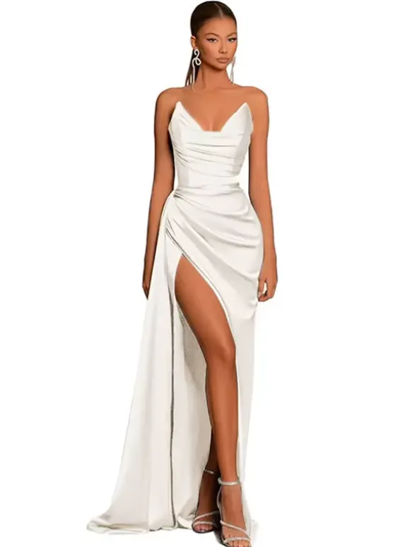 Robe de soirée robe cocktail mariage en satin bustier sans manche jupe fendue