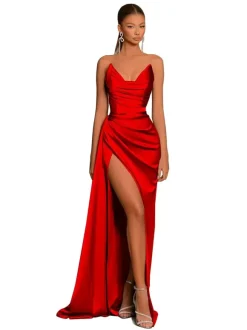 Robe de soirée robe cocktail mariage en satin bustier sans manche jupe fendue