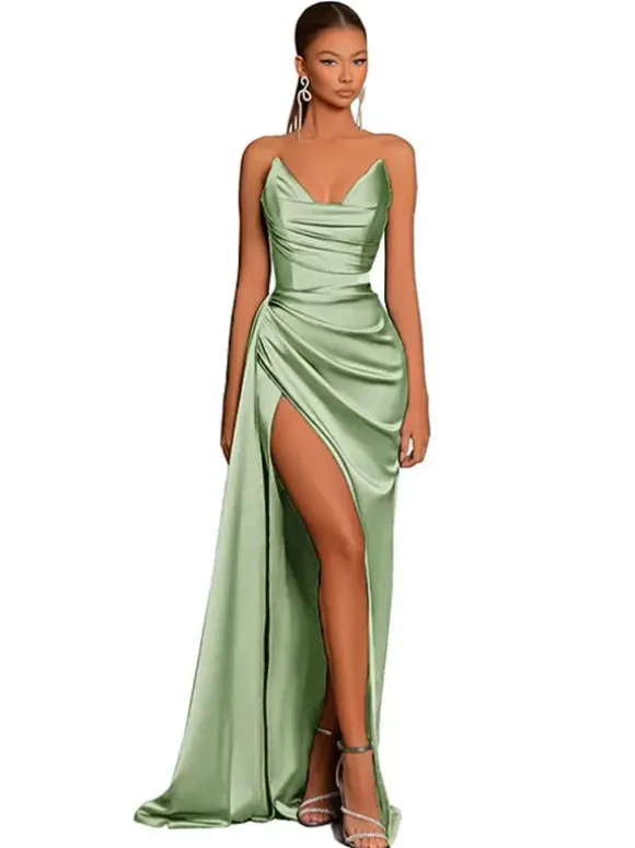 Robe de soirée robe cocktail mariage en satin bustier sans manche jupe fendue