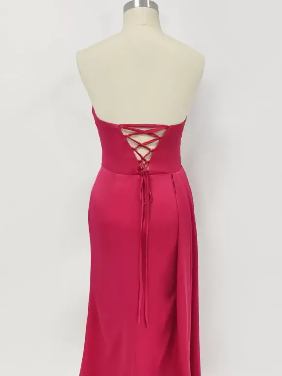Robe de soirée robe cocktail mariage en satin bustier sans manche jupe fendue