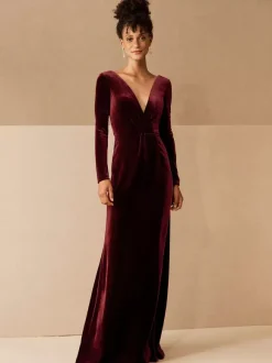 Robe de soirée robe cérémonie femme verte col V manche longue décollecté au sol