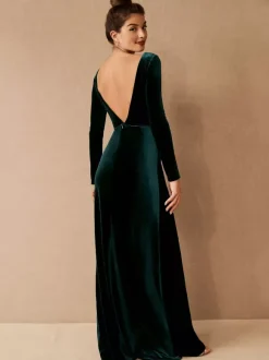 Robe de soirée robe cérémonie femme verte col V manche longue décollecté au sol
