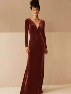 Robe de soirée robe cérémonie femme verte col V manche longue décollecté au sol