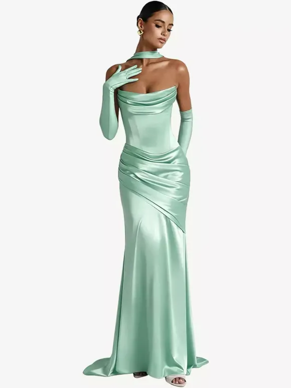 Robe de soirée robe de bal décolleté travaillé satin élastique effet soie avec traîne plissée robe de soirée formelle