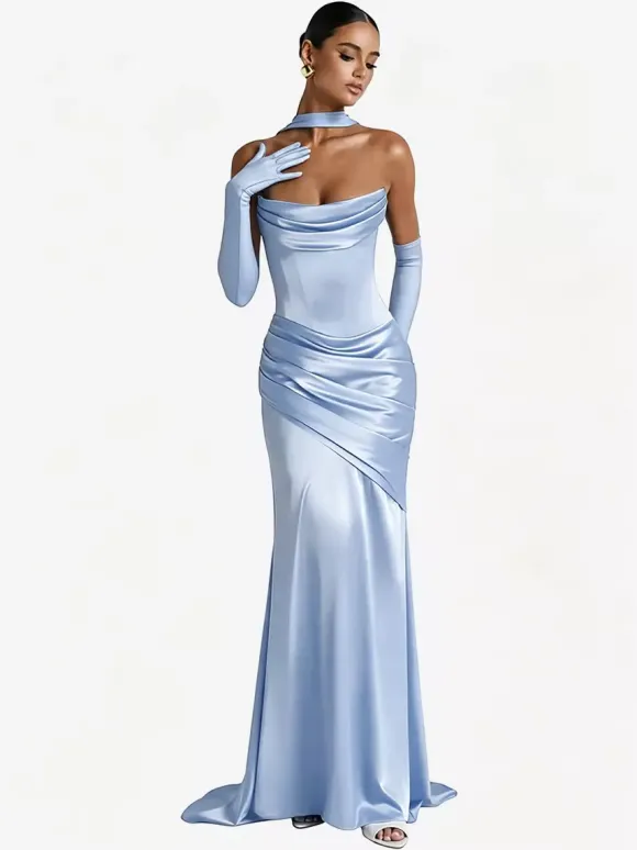 Robe de soirée robe de bal décolleté travaillé satin élastique effet soie avec traîne plissée robe de soirée formelle