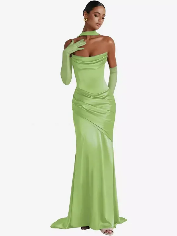 Robe de soirée robe de bal décolleté travaillé satin élastique effet soie avec traîne plissée robe de soirée formelle