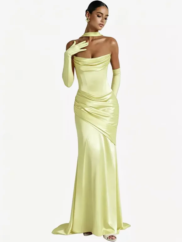 Robe de soirée robe de bal décolleté travaillé satin élastique effet soie avec traîne plissée robe de soirée formelle