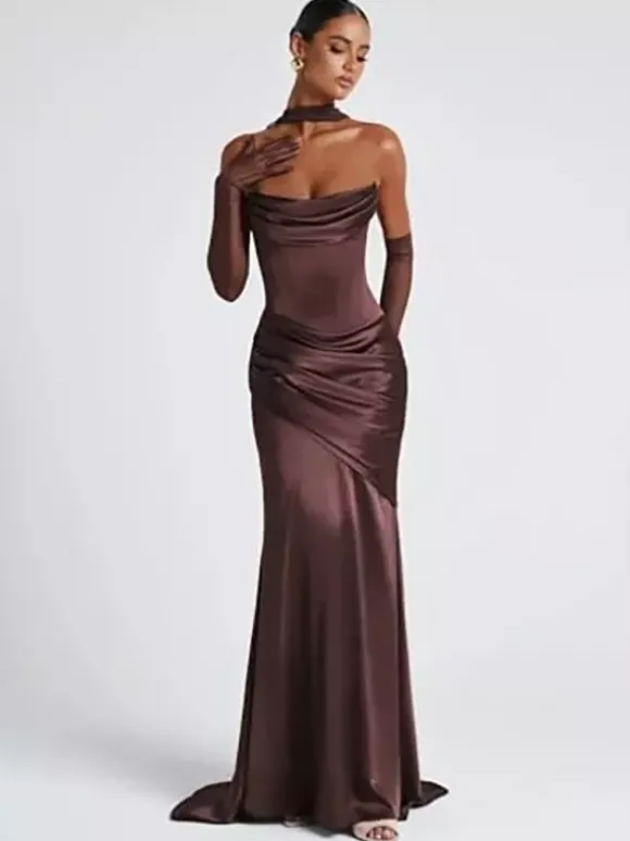 Robe de soirée robe de bal décolleté travaillé satin élastique effet soie avec traîne plissée robe de soirée formelle