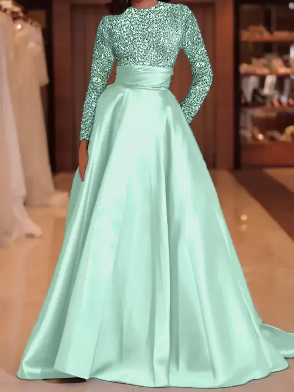 Robe de soirée robe de bal col bijou avec traîne manches longues fermeture éclair paillettes velours robes de concours sociales
