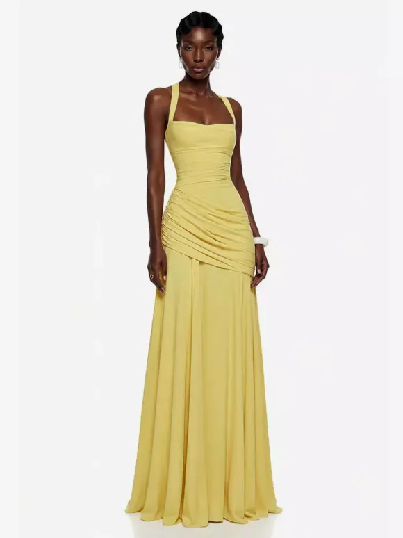 Robe de soirée robe de bal décolleté travaillé en polyester longue jusqu'au sol plissée robe de soirée formelle