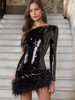 Robe De Soirée Robe Semi-formelle Noire À Col Manche Longue