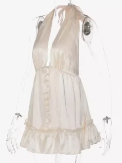 Robe de soirée romantique mini plissée à lacets sans manches dos nu couleur champagne