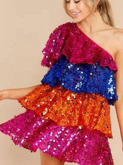 Robe de soirée rose à sequins sans manches moulante et sexy