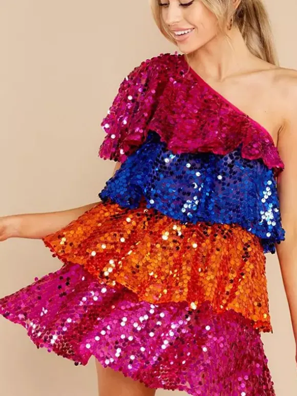 Robe de soirée rose à sequins sans manches moulante et sexy