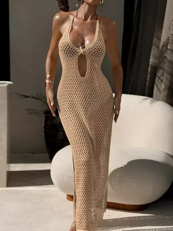 Robe de soirée sexy en résille découpée dos nu fente haute transparente idéale pour les fêtes en boîte de nuit