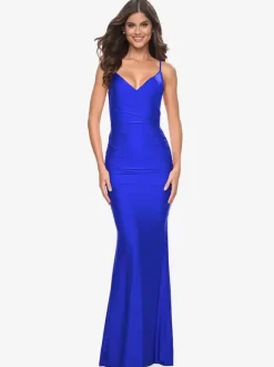 Robe de soirée sirène en tissu satiné col en V avec traîne robes de soirée formelles