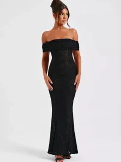 Robe de soirée sirène maxi dos nu en dentelle à épaules dénudées pour femmes 2026