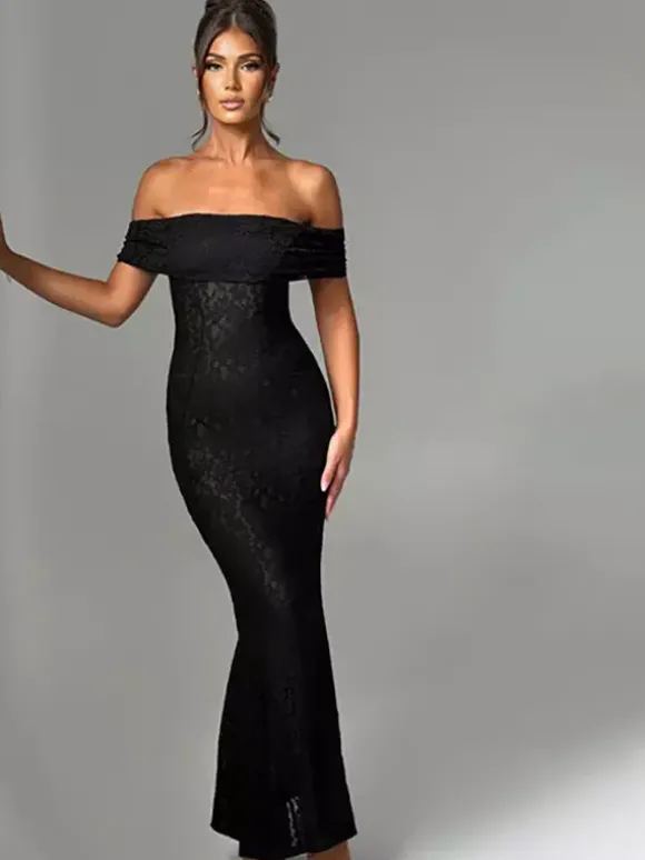 Robe de soirée sirène maxi dos nu en dentelle à épaules dénudées pour femmes 2026