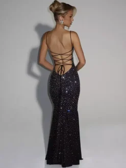 Robe de soirée sirène épaules dénudées longue sans manches lacée en tulle perlé robe de cérémonie