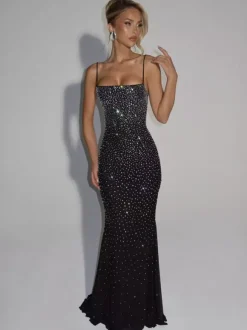Robe de soirée sirène épaules dénudées longue sans manches lacée en tulle perlé robe de cérémonie