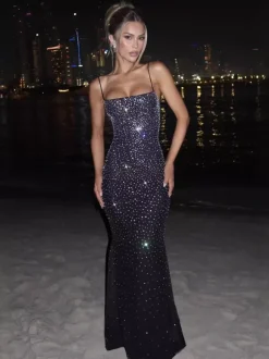 Robe de soirée sirène épaules dénudées longue sans manches lacée en tulle perlé robe de cérémonie