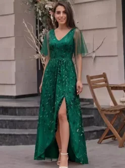 Robe de soirée trapèze à col en V ornée de sequins longue jusqu'au sol robe de cérémonie à sequins