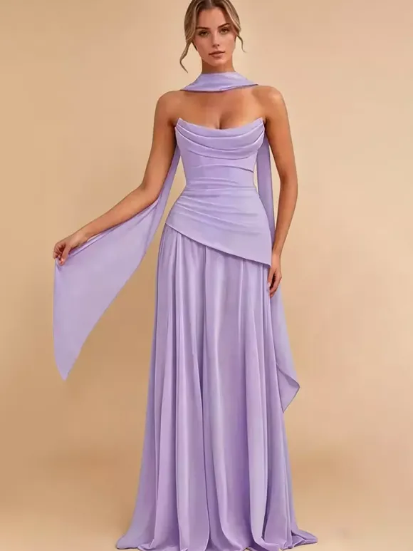 Robe de soirée trapèze bustier en mousseline avec traîne plissée robe de concours de beauté