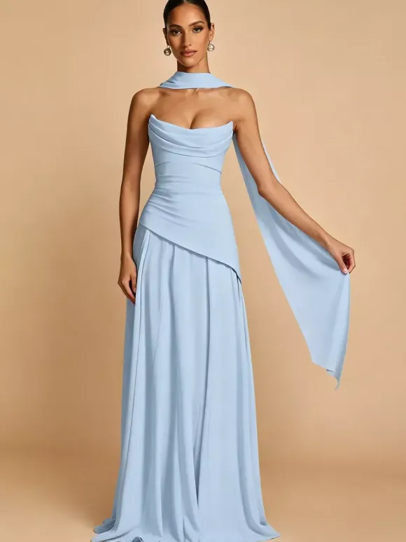 Robe de soirée trapèze bustier en mousseline avec traîne plissée robe de concours de beauté