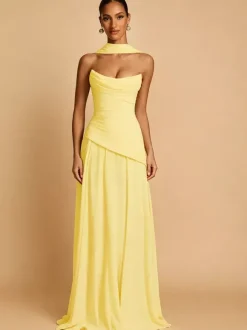 Robe de soirée trapèze bustier en mousseline avec traîne plissée robe de concours de beauté