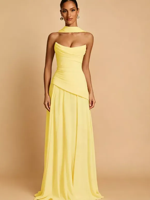 Robe de soirée trapèze bustier en mousseline avec traîne plissée robe de concours de beauté