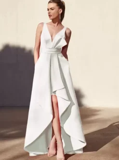 Robe de soirée trapèze col en v longueur au sol sans manches dos nu tissu satiné plissé robes de soirée formelles