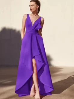 Robe de soirée trapèze col en v longueur au sol sans manches dos nu tissu satiné plissé robes de soirée formelles