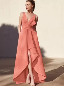 Robe de soirée trapèze col en v longueur au sol sans manches dos nu tissu satiné plissé robes de soirée formelles