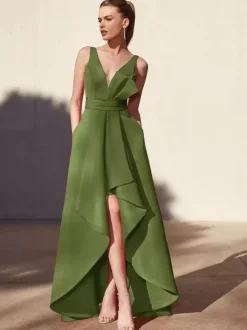 Robe de soirée trapèze col en v longueur au sol sans manches dos nu tissu satiné plissé robes de soirée formelles