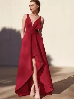 Robe de soirée trapèze col en v longueur au sol sans manches dos nu tissu satiné plissé robes de soirée formelles