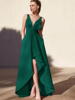 Robe de soirée trapèze col en v longueur au sol sans manches dos nu tissu satiné plissé robes de soirée formelles