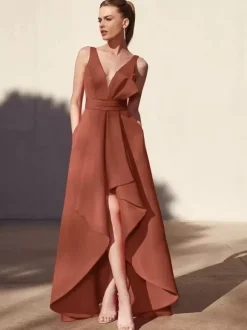 Robe de soirée trapèze col en v longueur au sol sans manches dos nu tissu satiné plissé robes de soirée formelles
