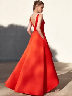 Robe de soirée trapèze col en v longueur au sol sans manches dos nu tissu satiné plissé robes de soirée formelles