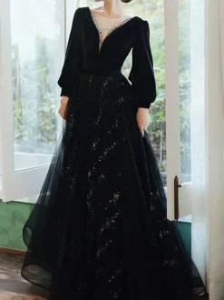 Robe de soirée trapèze col en V longueur au sol manches longues dentelle robes de soirée formelles
