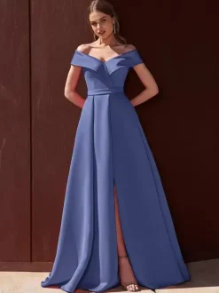 Robe de soirée trapèze épaules dénudées avec traîne sans manches fermeture éclair tissu satiné plissé robes de soirée formelles