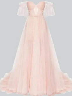 Robe de soirée trapèze sans bretelles en tulle avec n艙uds de train robes de soirée sociale