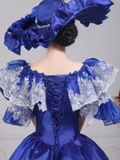 Robe de soirée vintage en satin bleu pour femme col bateau manches bouffantes style spectacle dramatique