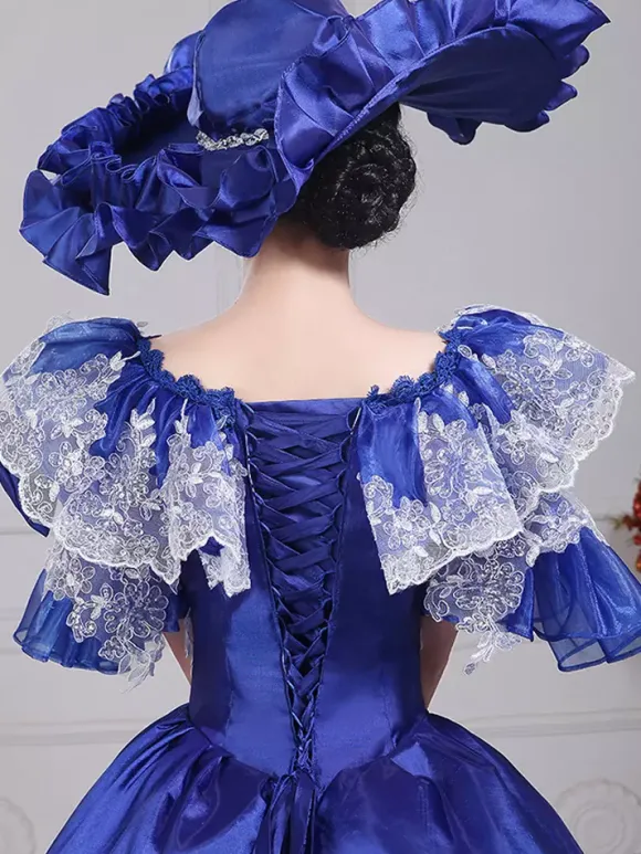 Robe de soirée vintage en satin bleu pour femme col bateau manches bouffantes style spectacle dramatique