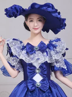Robe de soirée vintage en satin bleu pour femme col bateau manches bouffantes style spectacle dramatique
