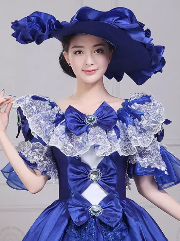 Robe de soirée vintage en satin bleu pour femme col bateau manches bouffantes style spectacle dramatique