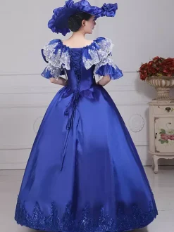 Robe de soirée vintage en satin bleu pour femme col bateau manches bouffantes style spectacle dramatique