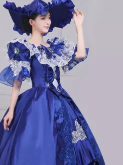 Robe de soirée vintage en satin bleu pour femme col bateau manches bouffantes style spectacle dramatique