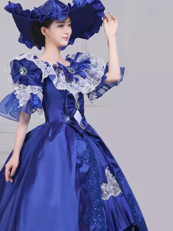 Robe de soirée vintage en satin bleu pour femme col bateau manches bouffantes style spectacle dramatique